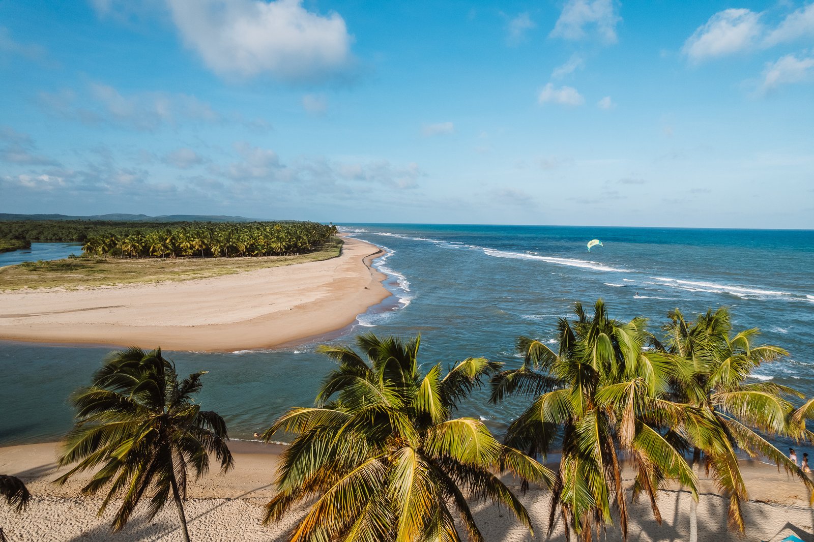 Praia praticamente deserta de Baixio vista do alto, com coqueiros e mar da Costa dos Coqueiros, Bahia